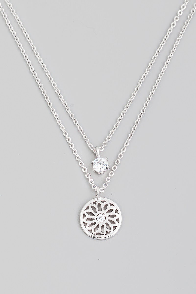 Rhinestone Flower Layered Necklace, Silver